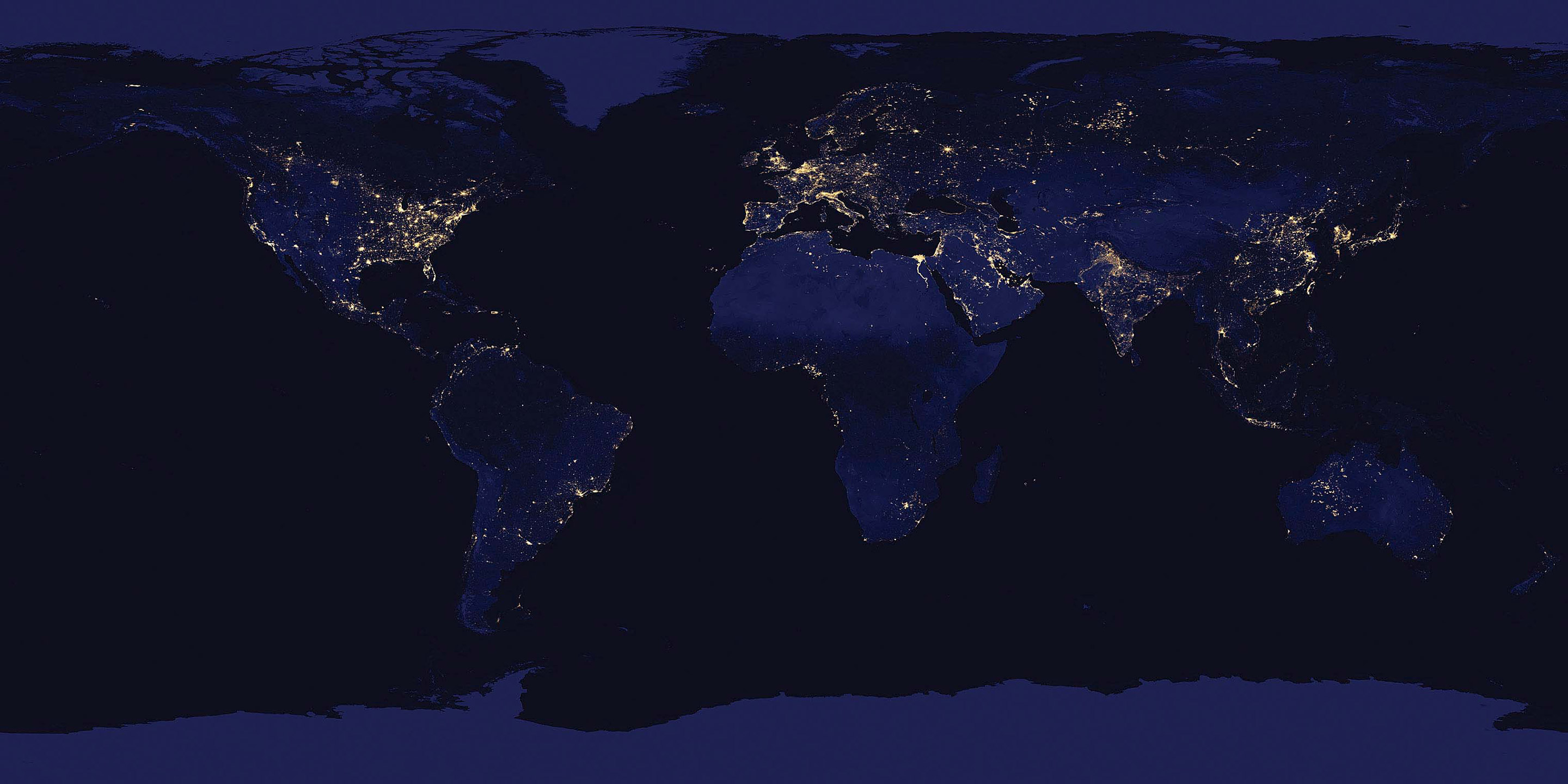 Composite map of the world assembled from data acquired by the Suomi NPP satellite in April and October 2012. Image: NASA Earth Observatory/NOAA NGDC