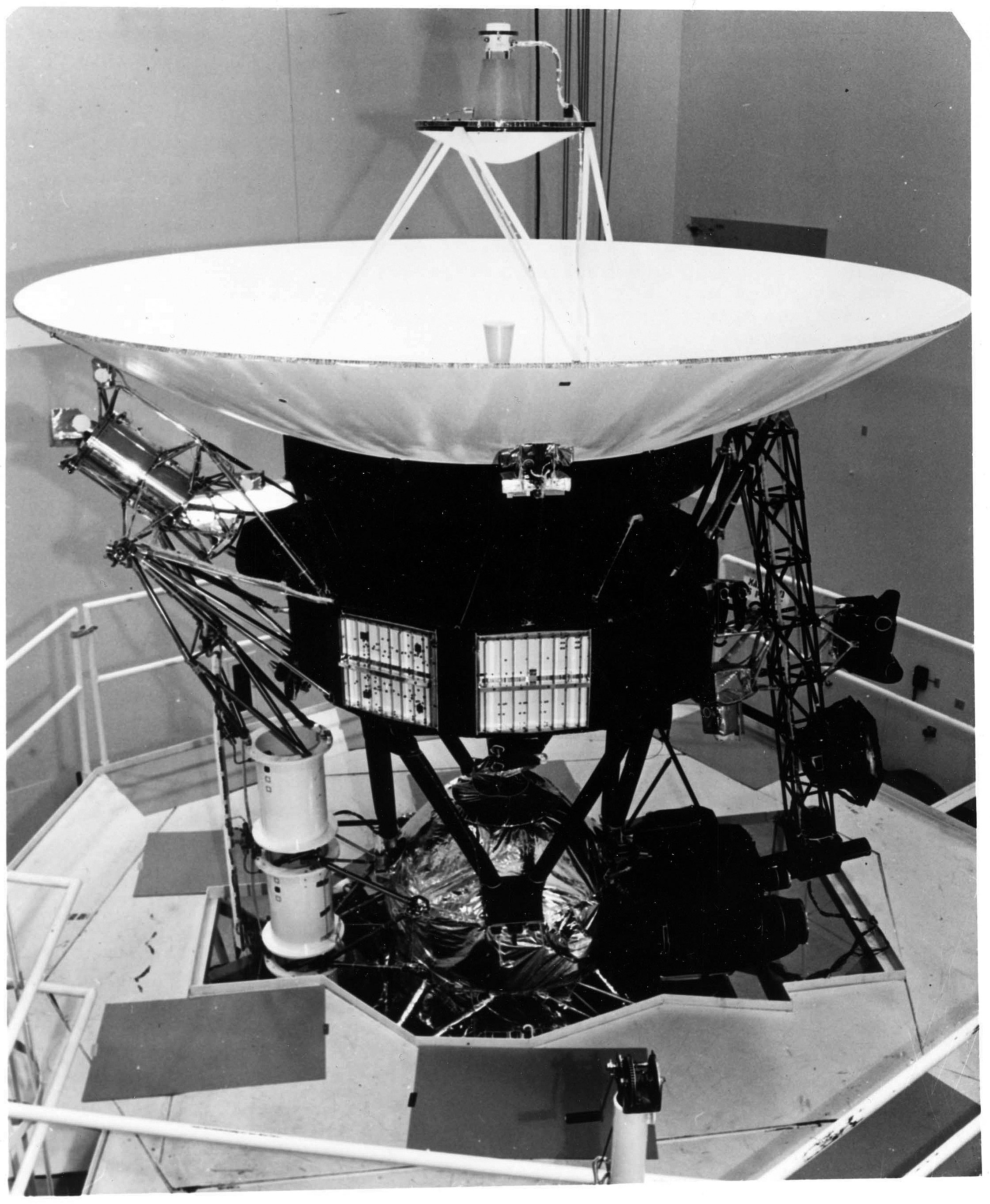 A prototype Voyager spacecraft is shown undergoing vibration tests at NASA’s Jet Propulsion Laboratory. Credit: NASA/JPL
