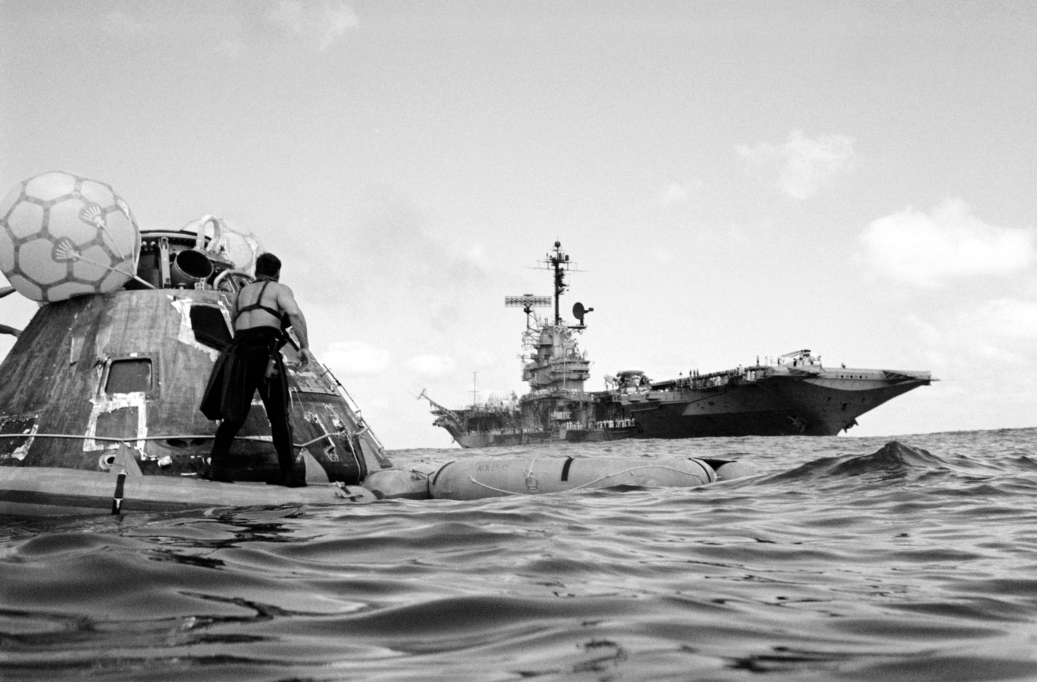 Recovery team awaits pickup of the Apollo 17 command module after splashdown on December 19, 1972. Credit: NASA