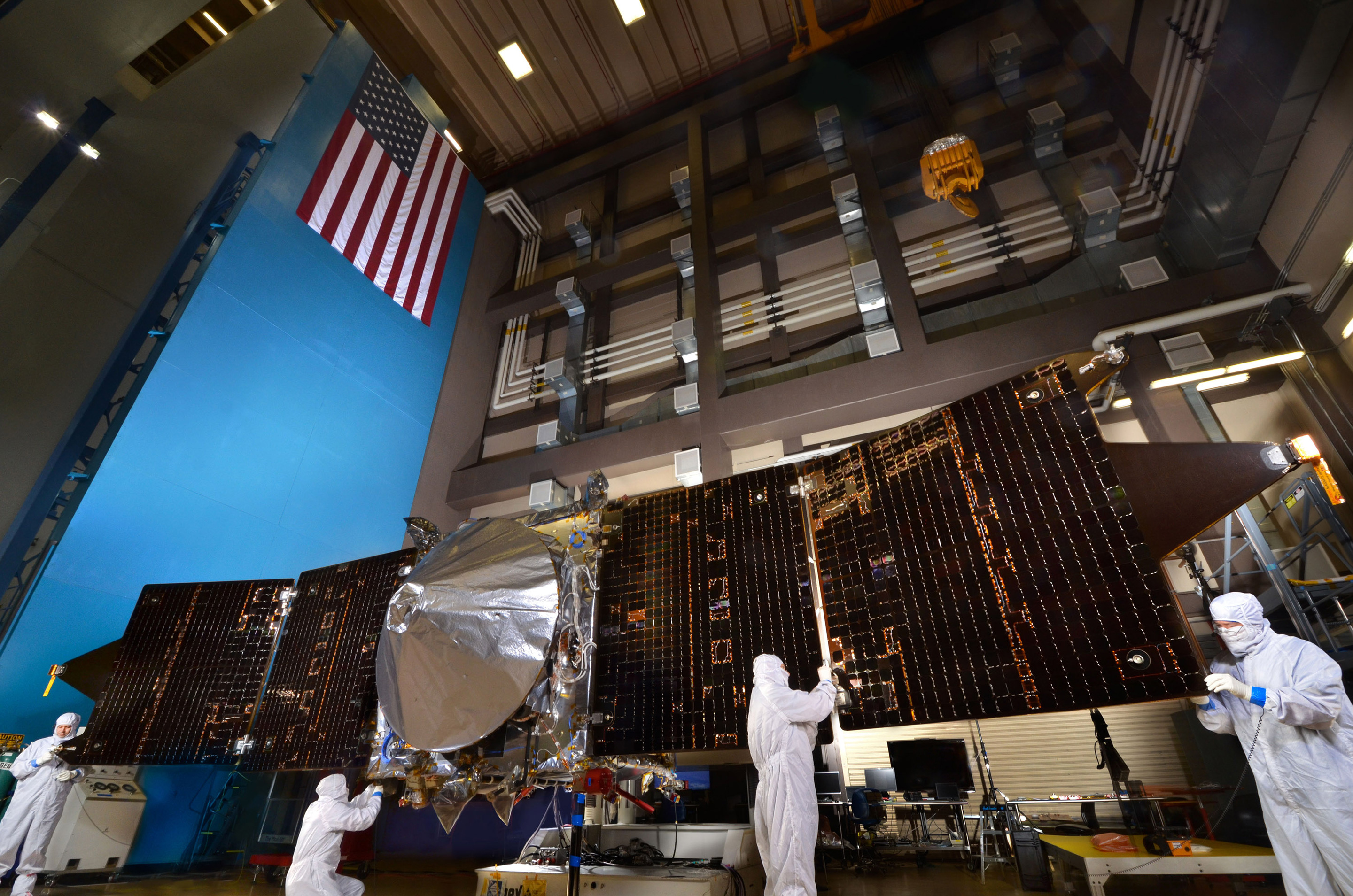 NASA’s MAVEN Mars orbiter with both solar arrays fully deployed at Lockheed Martin’s RAL facility near Denver. Photo: Lockheed Martin