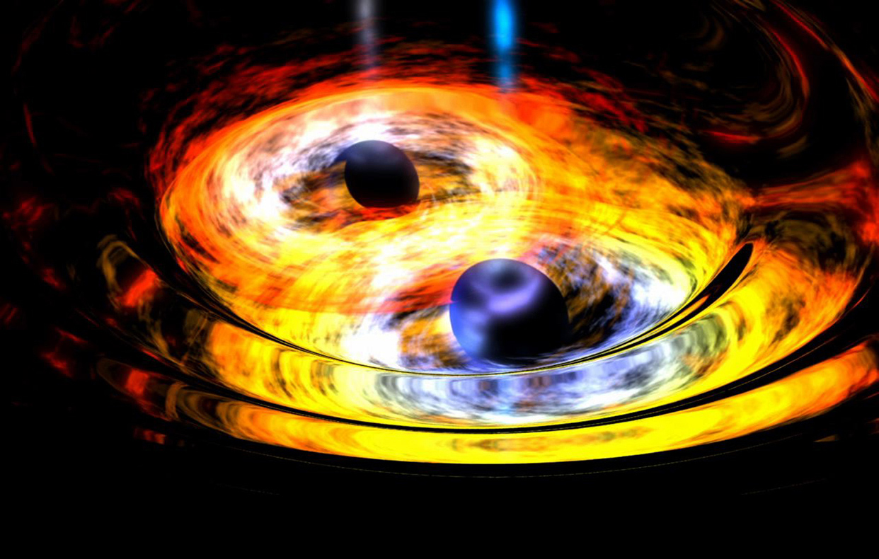 Two black holes are entwined in a gravitational tango in this artist's conception. Credit: NASA