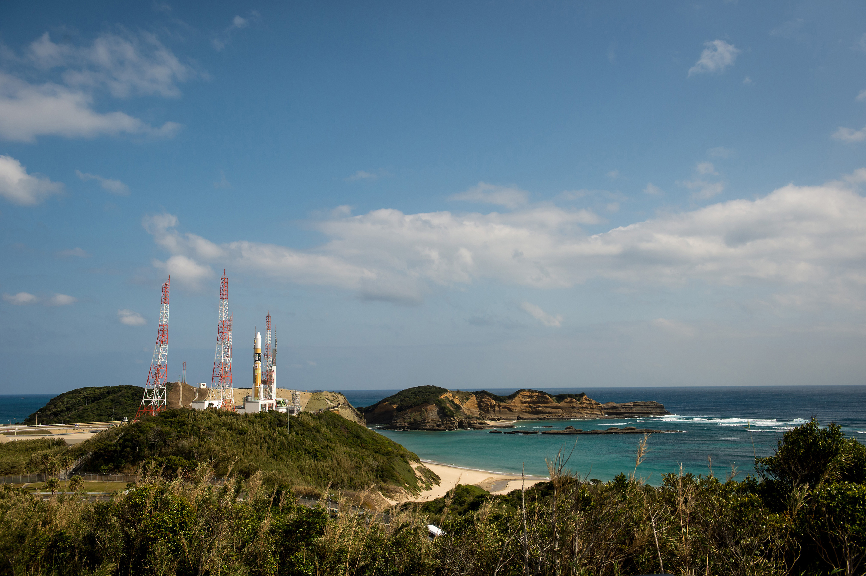 A Japanese H-IIA rocket carrying the NASA-Japan Aerospace Exploration Agency (JAXA), Global Precipitation Measurement (GPM) Core Observatory is seen as it rolls out to launch pad 1 of the Tanegashima Space Center on Feb. 27, 2014. The GPM spacecraft will collect information that unifies data from an international network of satellites to map global rainfall and snowfall every three hours. Photo: NASA/Bill Ingalls