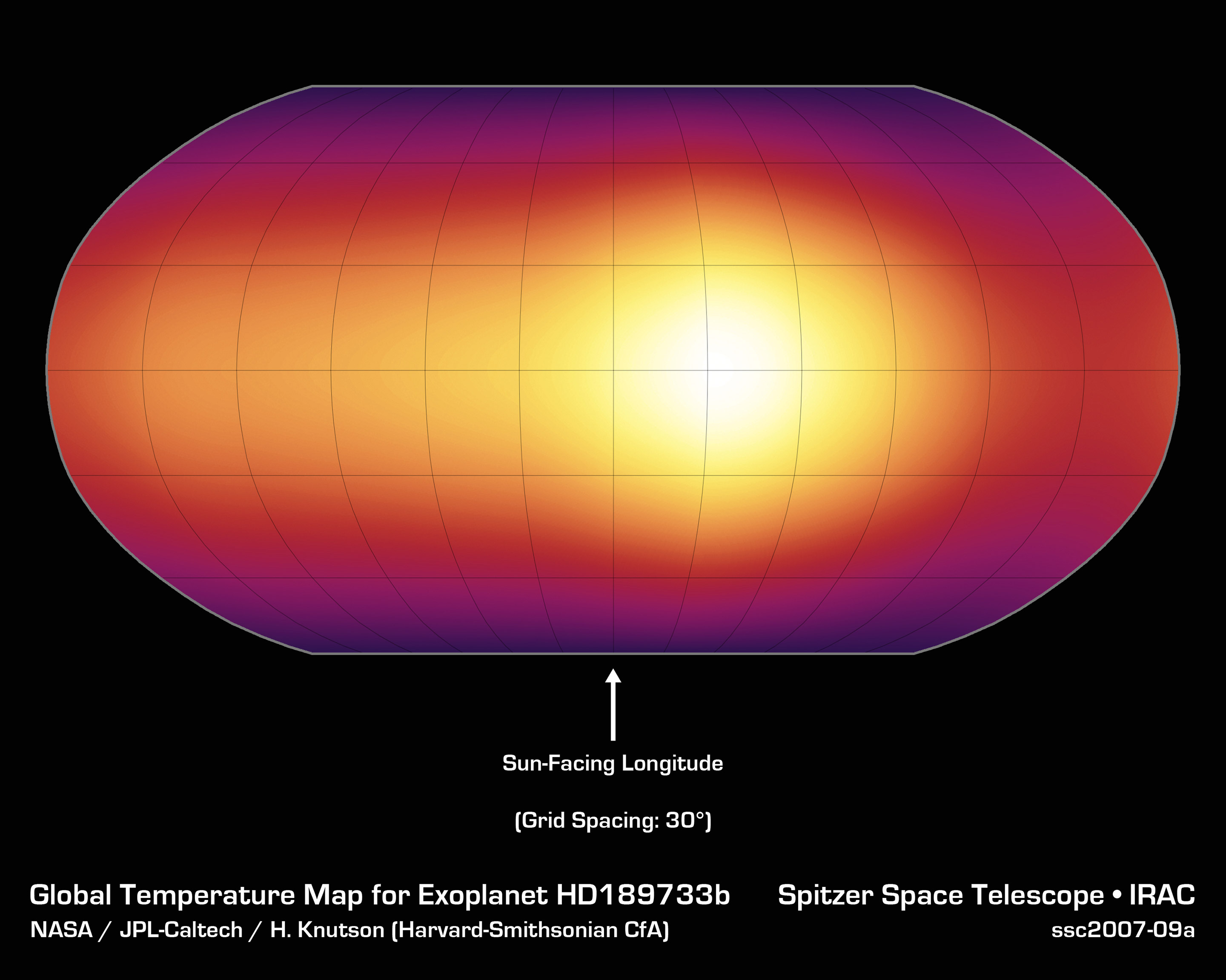 Alien Globe: This image shows the first-ever map of the surface of an exoplanet, or a planet beyond our solar system. The map, which shows temperature variations across the cloudy tops of a gas giant called HD 189733b, is made up of infrared data taken the Spitzer. Hotter temperatures are represented in brighter colors. Credit: NASA/JPL-Caltech/Harvard-Smithsonian CfA