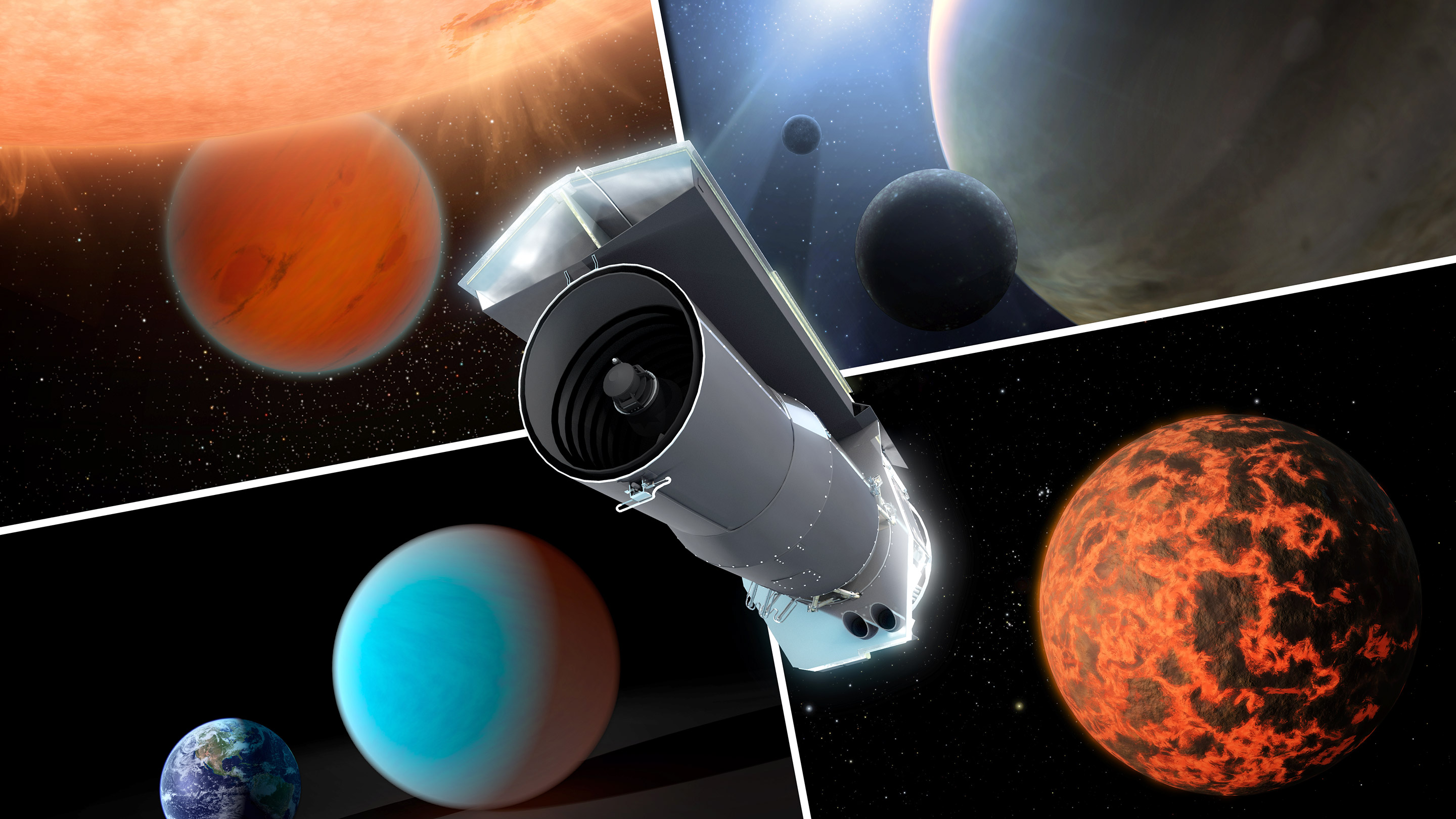 This artist’s concept shows Spitzer surrounded by examples of exoplanets the telescope has examined. Image: NASA/JPL-Caltech