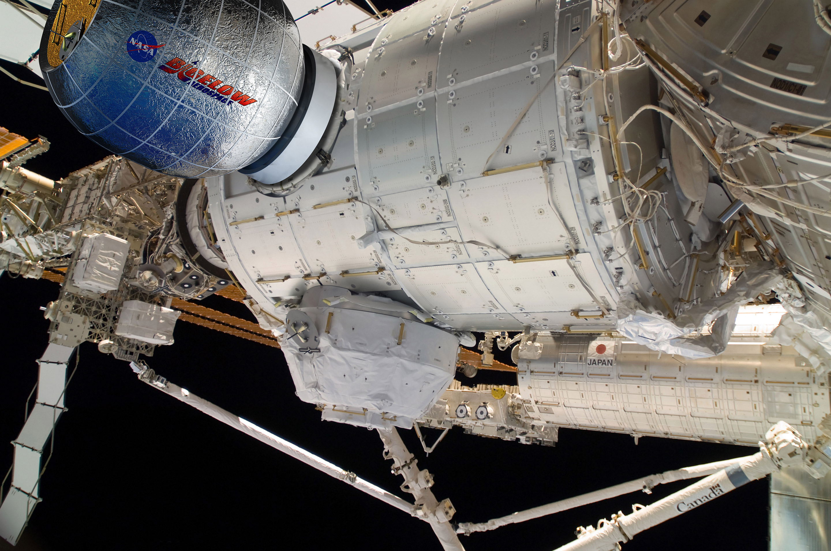 Photographic rendering of Bigelow Aersospace’s BEAM inflatable module docked to the ISS. Image: Bigelow Aerospace