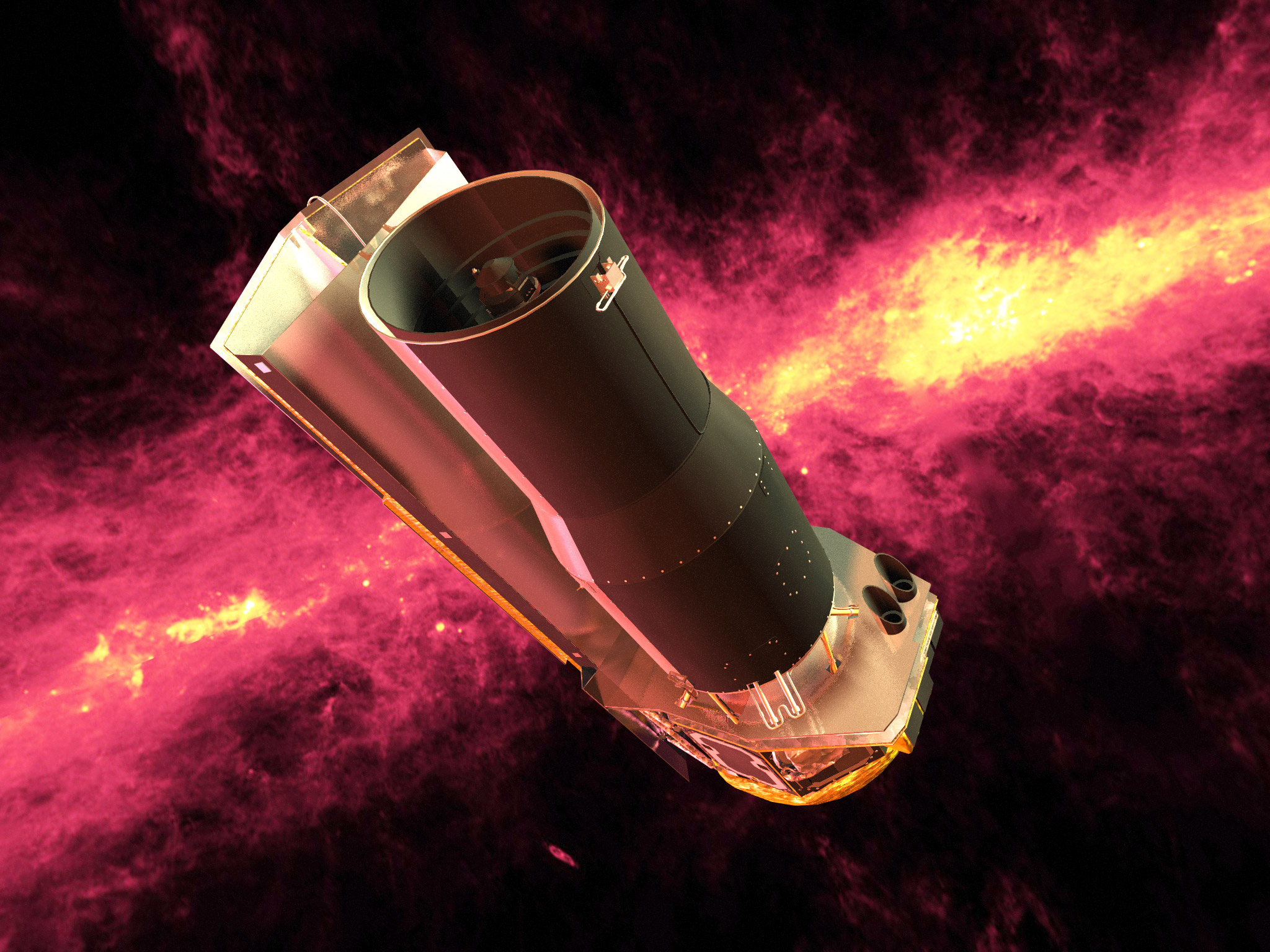 Spitzer seen against the infrared sky. The band of light is the glowing dust emission from the Milky Way galaxy seen at 100 microns (as seen by the IRAS/COBE missions). Image: NASA/JPL-Caltech/R. Hurt (SSC)