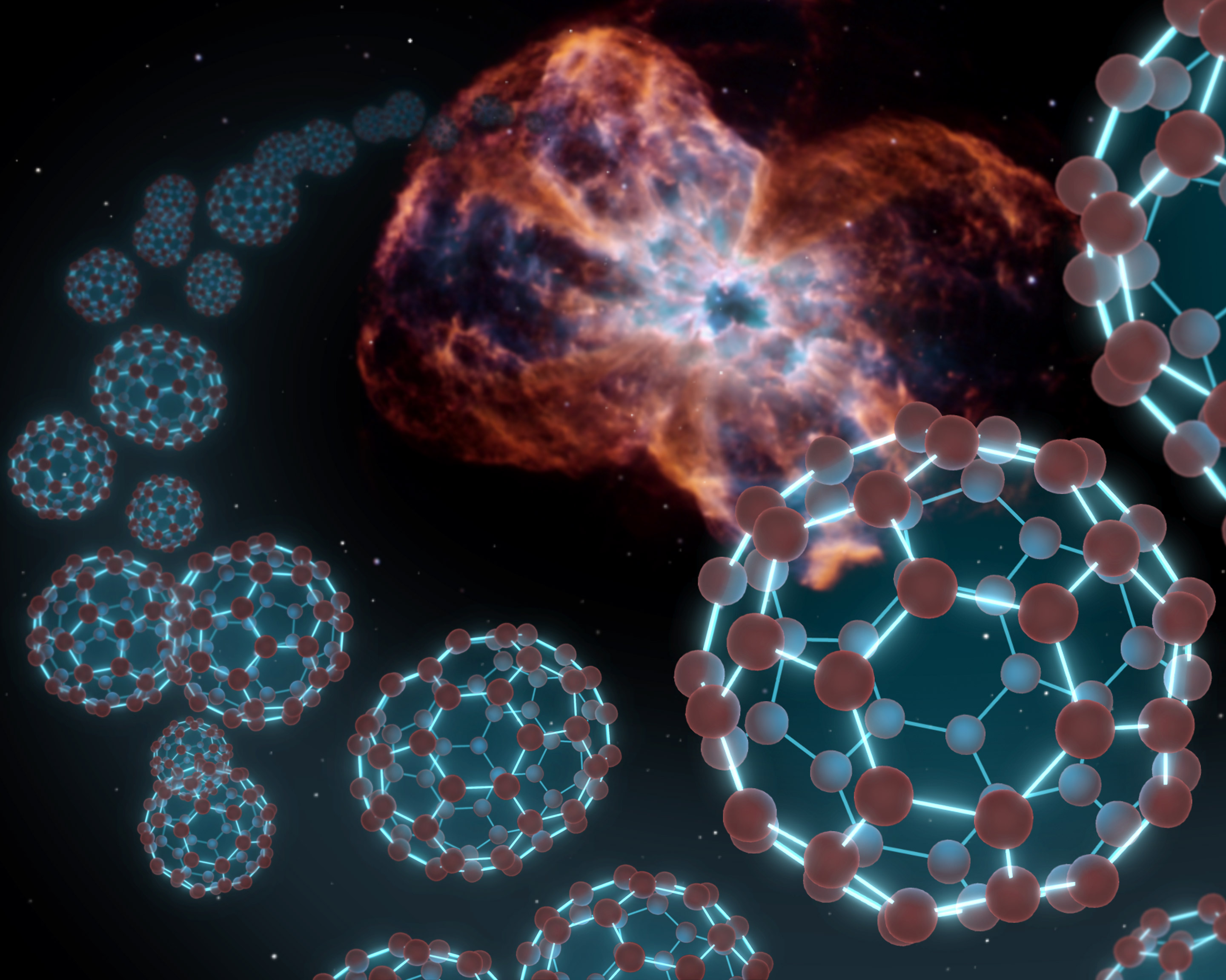 Spitzer has found buckyballs in space, as illustrated by this artist’s conception showing the carbon balls coming out from the type of object where they were discovered - a dying star and the material it sheds, known as a planetary nebula. Image: NASA/JPL-Caltech/T. Pyle (SSC)