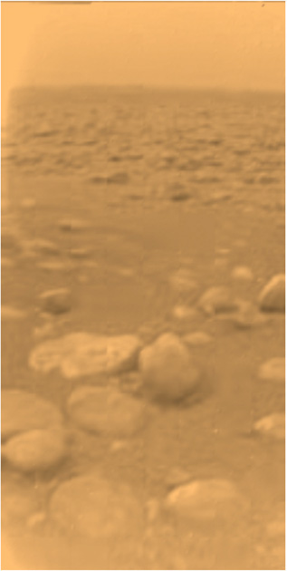 The first color view of Titan’s surface returned by the ESA Huygens probe. Credit: ESA/NASA/JPL/Univ. of Arizona