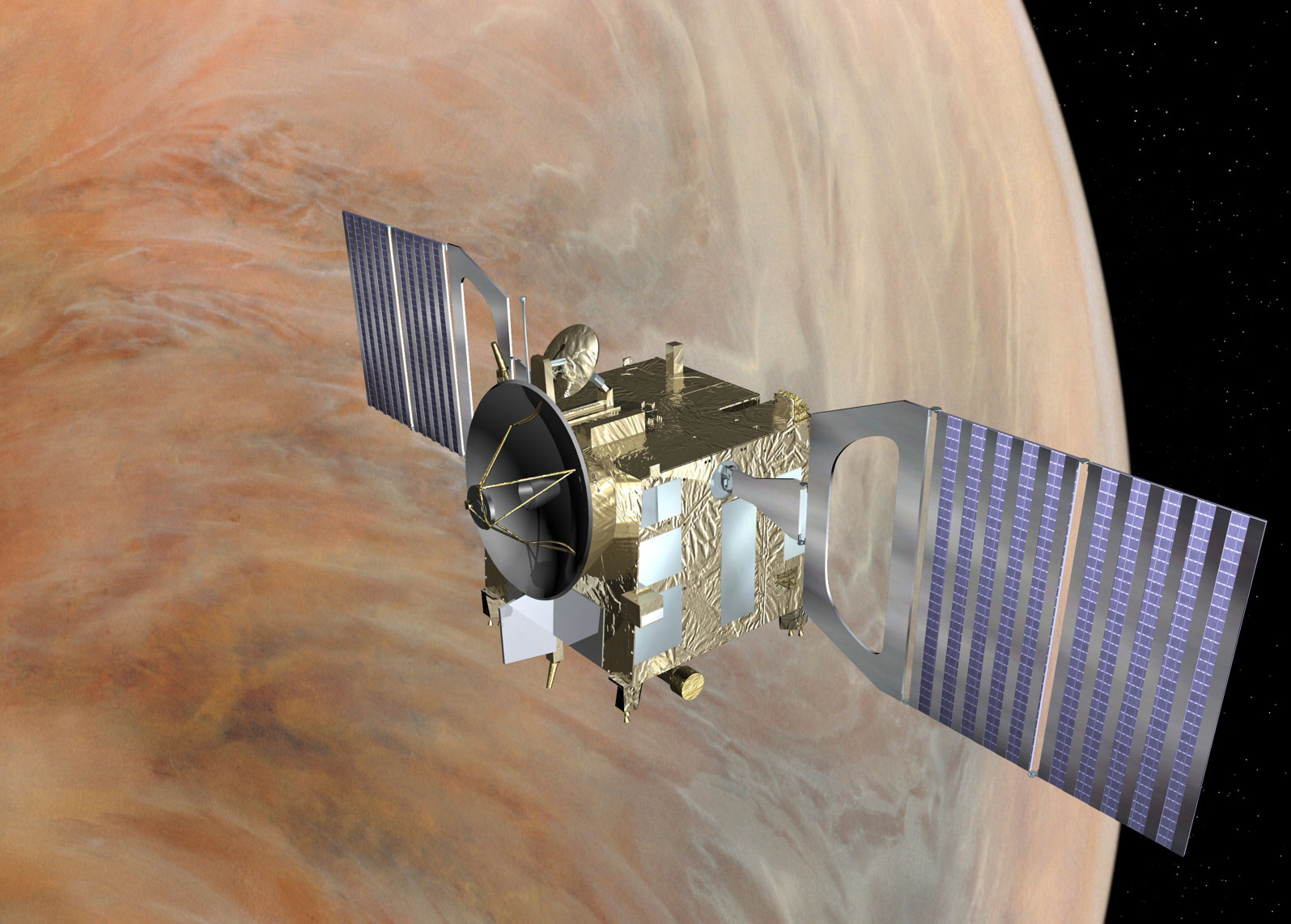 Visualisation of Venus Express during the aerobraking manoeuvre, which will see the spacecraft orbiting Venus at an reduced altitude of around 130 km from 18 June to 11 July.Credit: ESA–C. Carreau