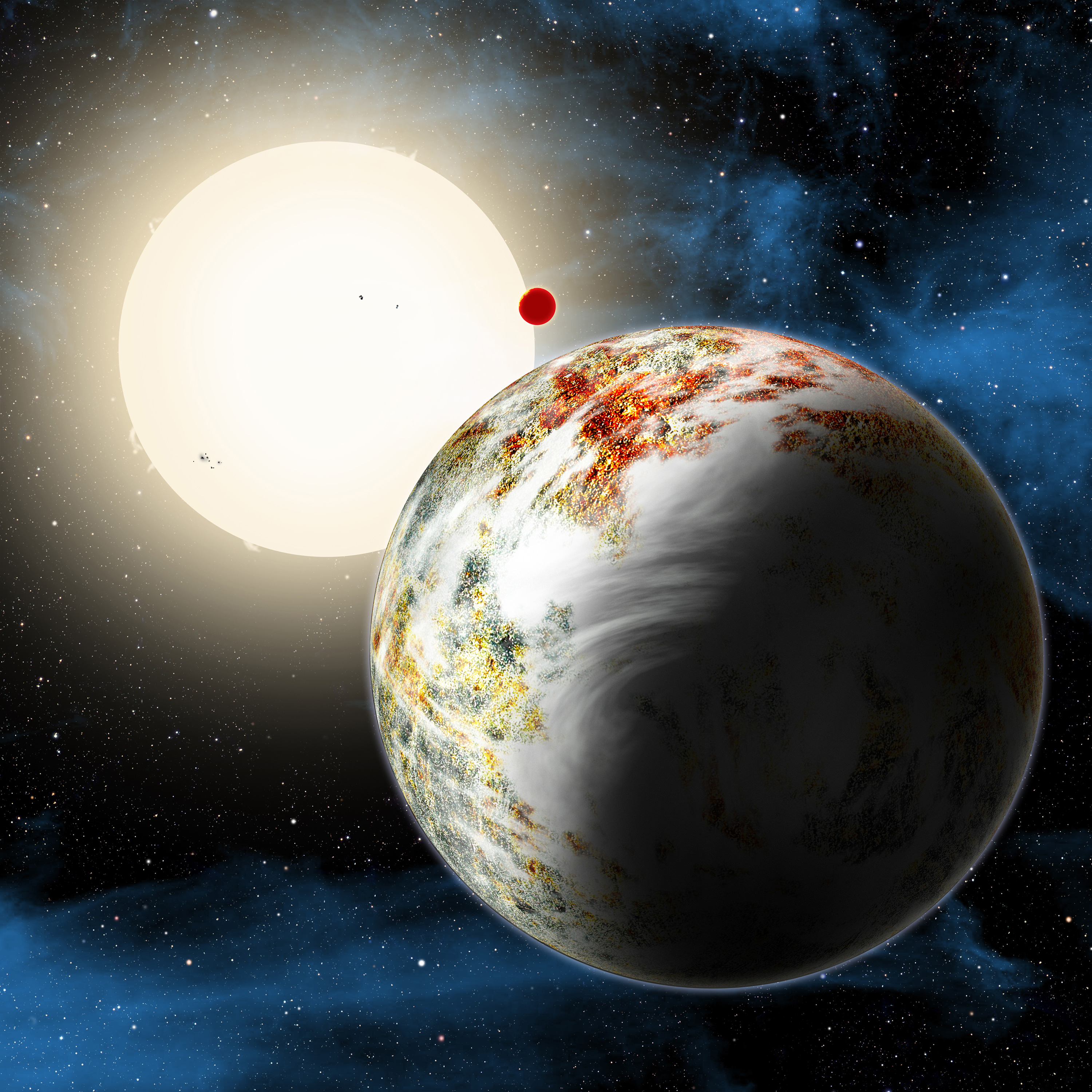 The newly discovered "mega-Earth" Kepler-10c dominates the foreground in this artist's conception. Its sibling, the lava world Kepler-10b, is in the background. Both orbit a sunlike star. Kepler-10c has a diameter of about 18,000 miles, 2.3 times as large as Earth, and weighs 17 times as much. Therefore it is all solids, although it may possess a thin atmosphere shown here as wispy clouds. Credit: David A. Aguilar/Harvard-Smithsonian Center for Astrophysics (CfA)