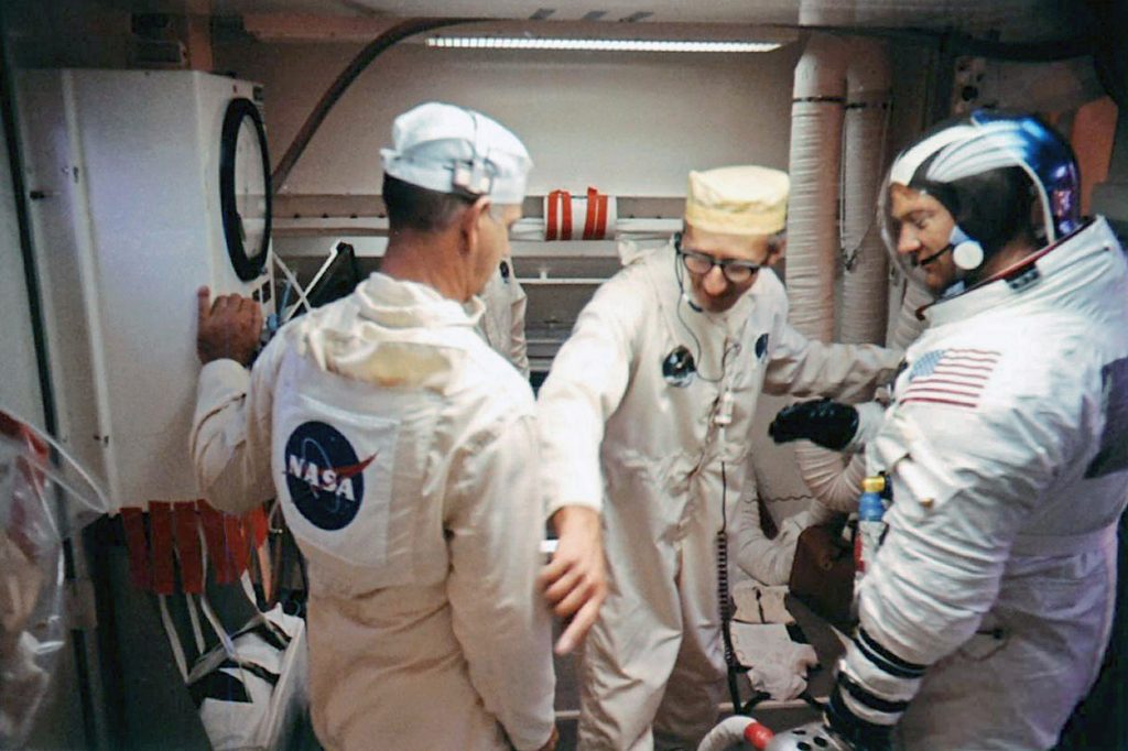 Edwin ‘Buzz’ Aldrin and Pad Leader Guenter Wendt in the White Room leading into the CM atop the Saturn V rocket at the launch pad on July 16, 1969.