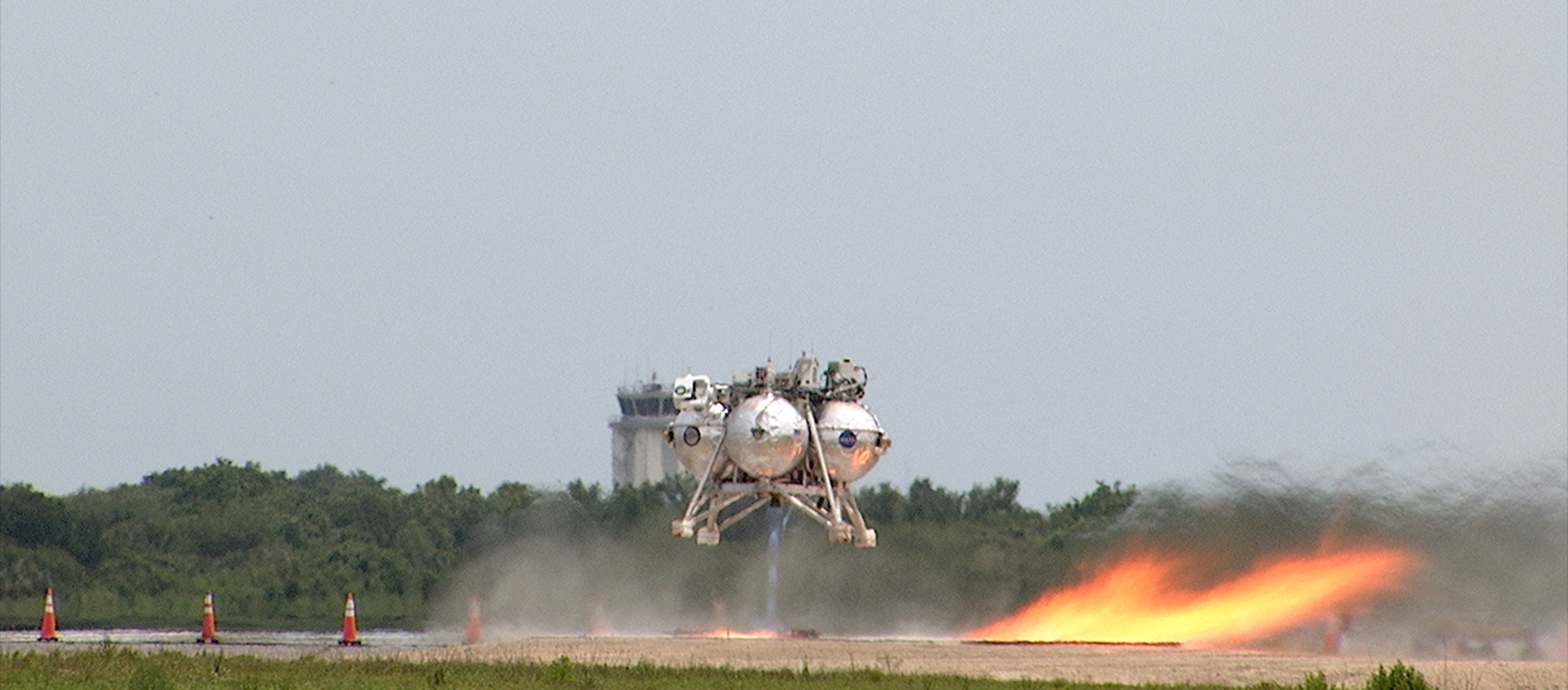 Morpheus lifts off on a 98-second, free-flight test on April 30, 2014. It ascended more than 800 feet at a speed of 36 mph, surveyed the hazard field, then flew forward and downward covering approximately 1300 feet while performing a 78-foot divert before coming to rest inside the hazard field. Credit: NASA/Frankie Martin