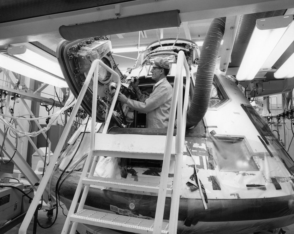 Apollo 11 Command Module (CM-107) during construction and testing at the Rockwell plant in Downey, California.