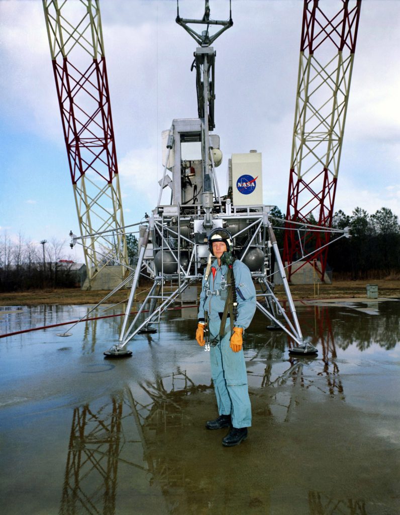 Neil Armstrong stands in front of the lunar lander trainer at Langley on February 12, 1969.