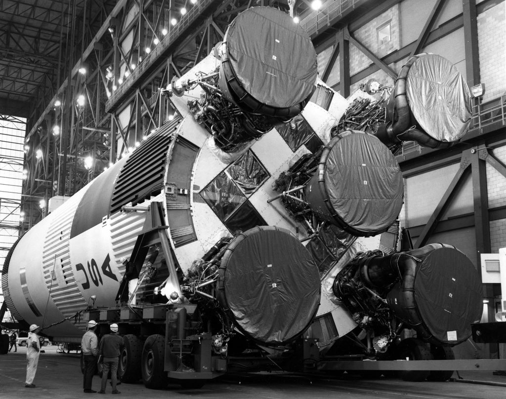 The S-IC first stage in the transfer aisle of the VAB on February 21, 1969.