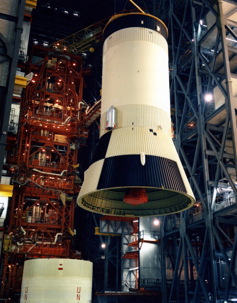 The S-IVB third stage is raised inside the VAB at KSC for mating to the second stage on March 21, 1969.