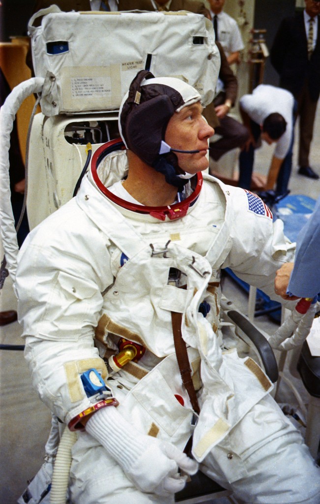 Edwin ‘Buzz’ Aldrin suited up for a simulation at the MSC in Texas on April 18, 1969.