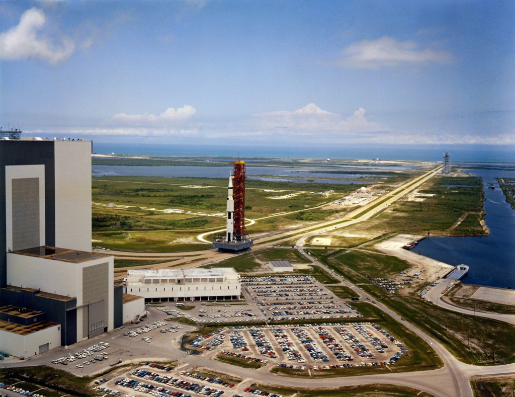 May 20, 1969. Saturn V SA-506, which will launch the Apollo 11 crew toward the Moon, is slowly driven out of the Vehicle Assembly Building on May 20, 1969.