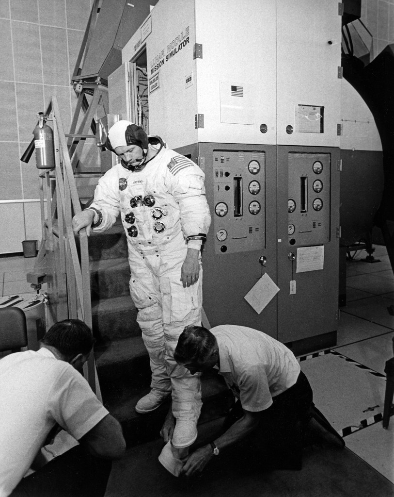 Neil Armstrong preparing to enter the LM simulator on June 16, 1969.