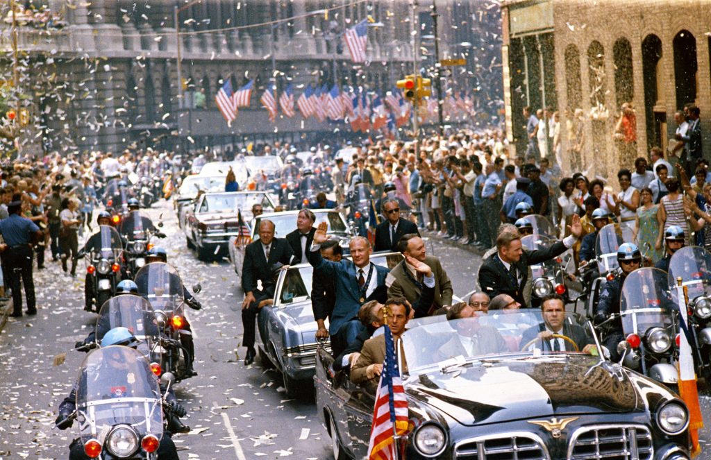 New York City welcomes Apollo 11 crewmen in a showering of ticker tape in a parade termed as the largest in the city’s history on Aug. 13, 1969.