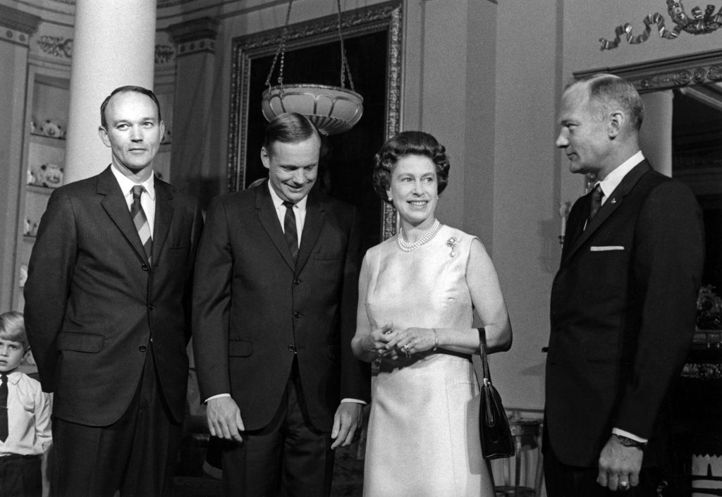 British Queen Elizabeth II with the Apollo 11 astronauts at Buckingham Palace in Great Britian during the astronauts’ world tour in 1970.