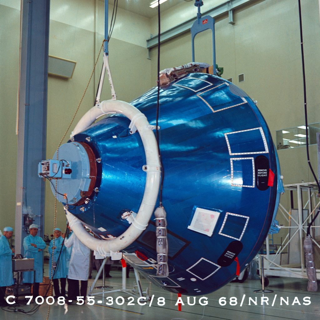 The Command Module at the Rockwell plant in Downey, Calif. on August 8, 1968 just prior to shipment to KSC.