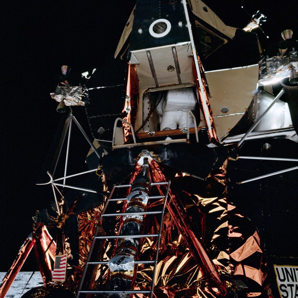 Edwin ‘Buzz’ Aldrin, lunar module pilot, egressing the lunar module during the extravehicular activity on the lunar surface. 