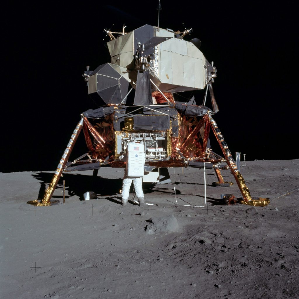 Edwin ‘Buzz’ Aldrin removes the EASEP experiment from the Lunar Module.