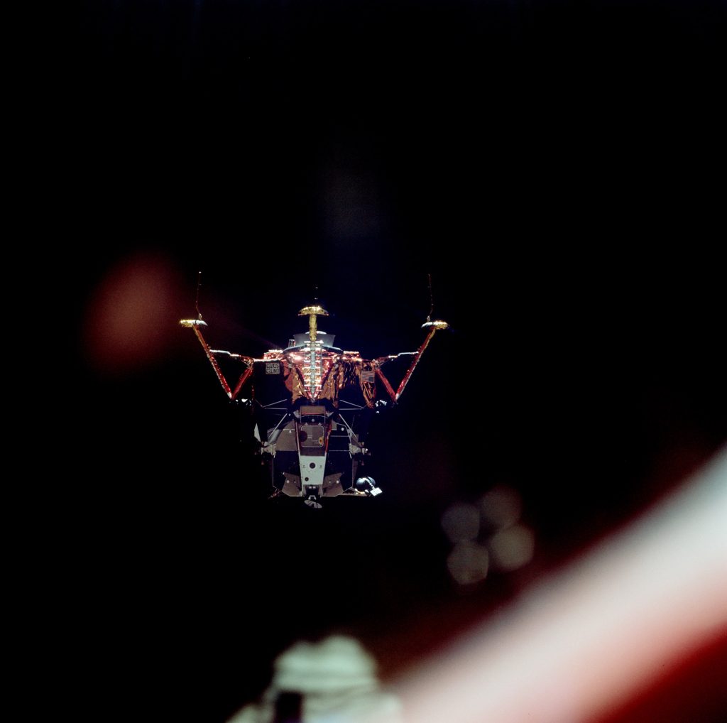 View of the Lunar Module as witnessed from the Command Module shortly before the LM’s descent to lunar surface.