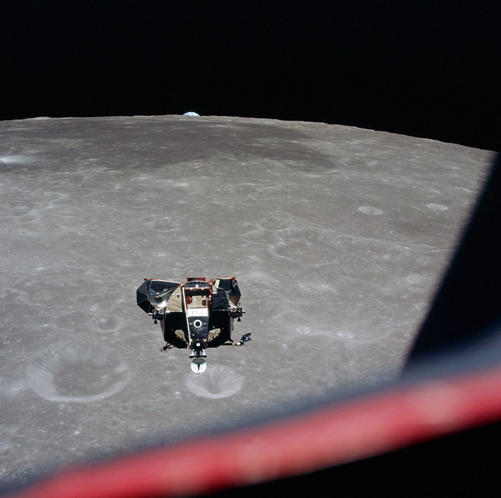 Michael Collins photographs the returning Lunar Module with Neil Armstrong and Edwin ‘Buzz’ Aldrin inside. Soon after, the journey back to Earth began.