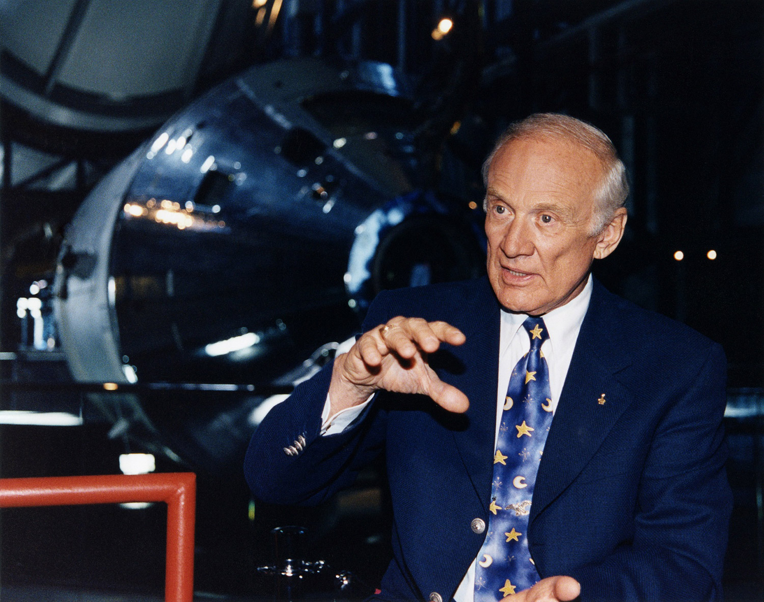 Buzz Aldrin speaking about his experiences at the Saturn V Center at Kennedy Space Center in during a celebration marking the 30th anniversary of the Apollo 11 mission. Credit: Tom Usciak
