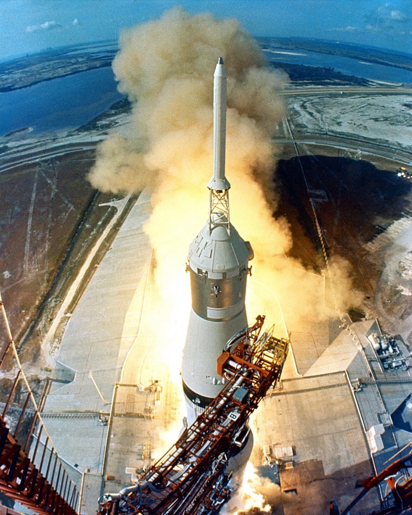 Liftoff of Apollo 11 at 9:32 a.m. on July 16, 1969 as seen from a camera high up on the mobile launch tower.