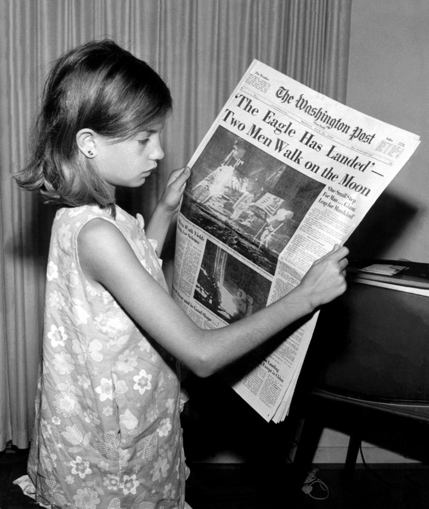 ‘The Eagle Has Landed’ proclaims the front page of The Washington Post on July 21, 1969. Photograph taken by Jack Weir of his daughter.