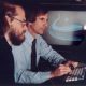 James Blinn (far left) and Charles Kohlhase working at JPL on the revolutionary computer animations of the planned Voyager encounters with the outer planets.  Credit: Charles Kohlhase