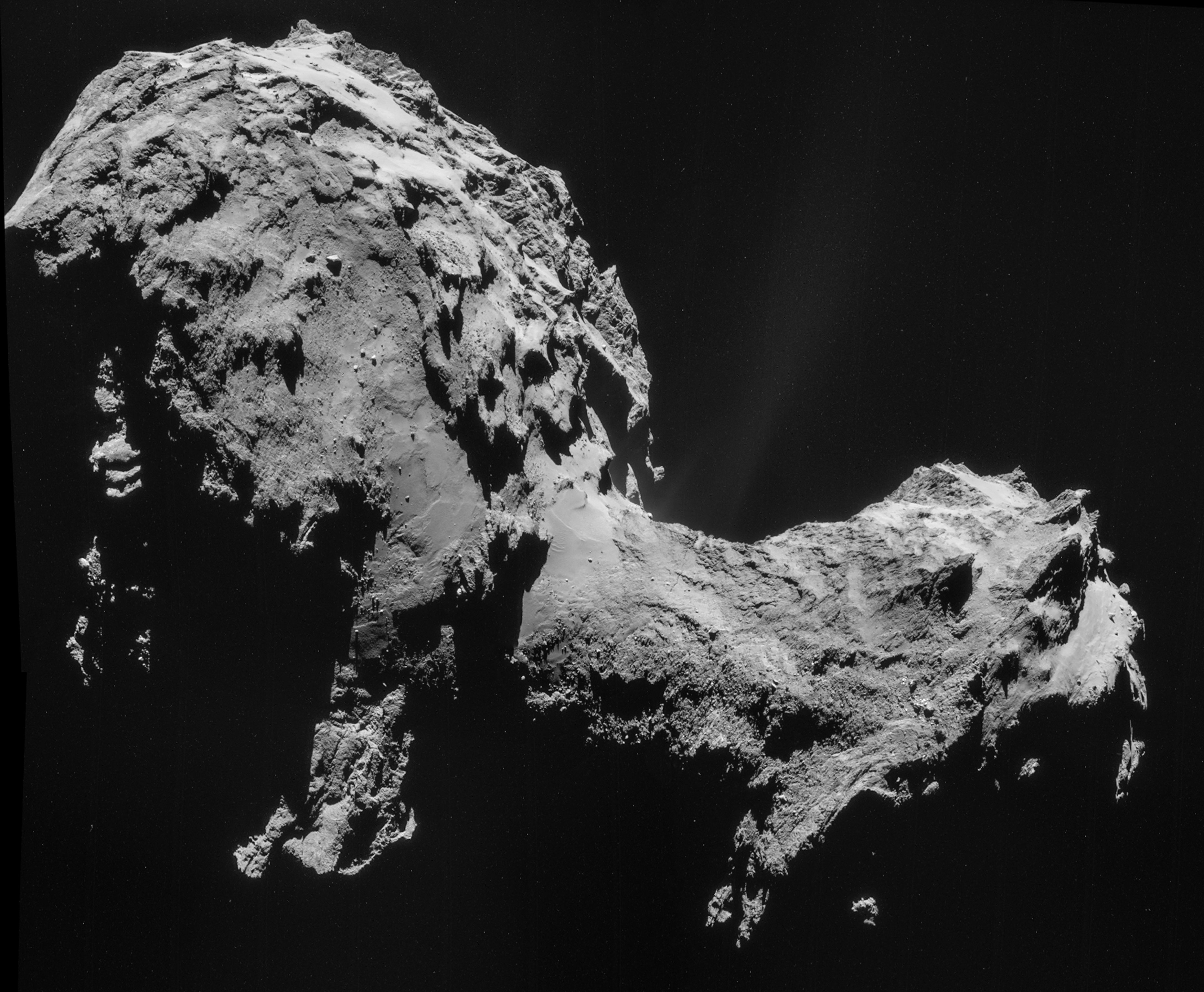 Four-image NAVCAM mosaic of Comet 67P/Churyumov-Gerasimenko, using images taken on 19 September 2014 when Rosetta was 28.6 km from the comet. Credit: ESA/Rosetta/NAVCAM