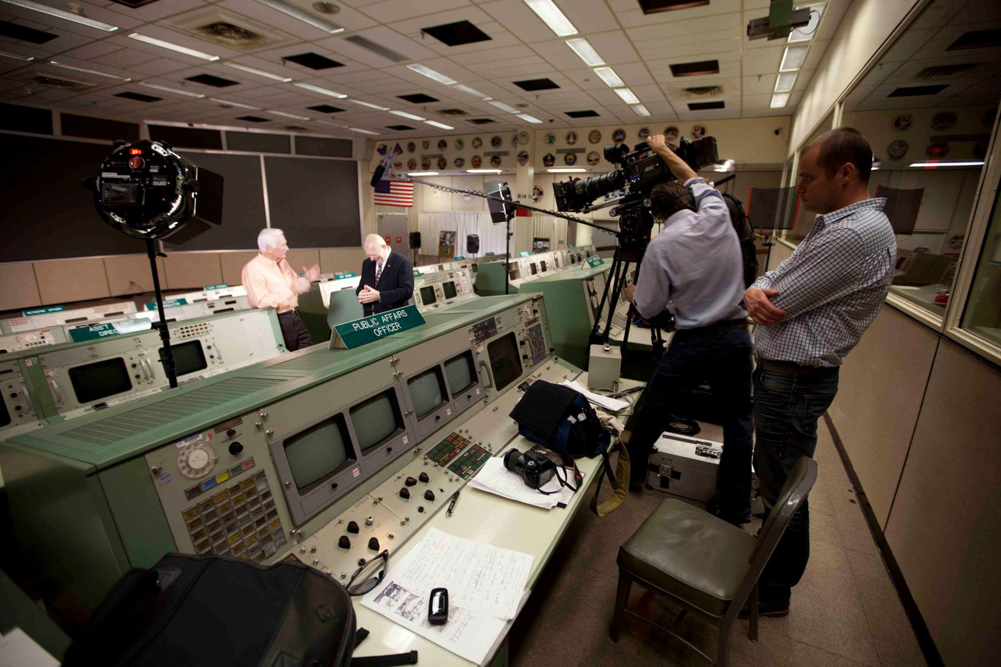 Gene Kranz and Gene Cernan filming in Mission Control Houston. Credit: Mark Stewart Productions)