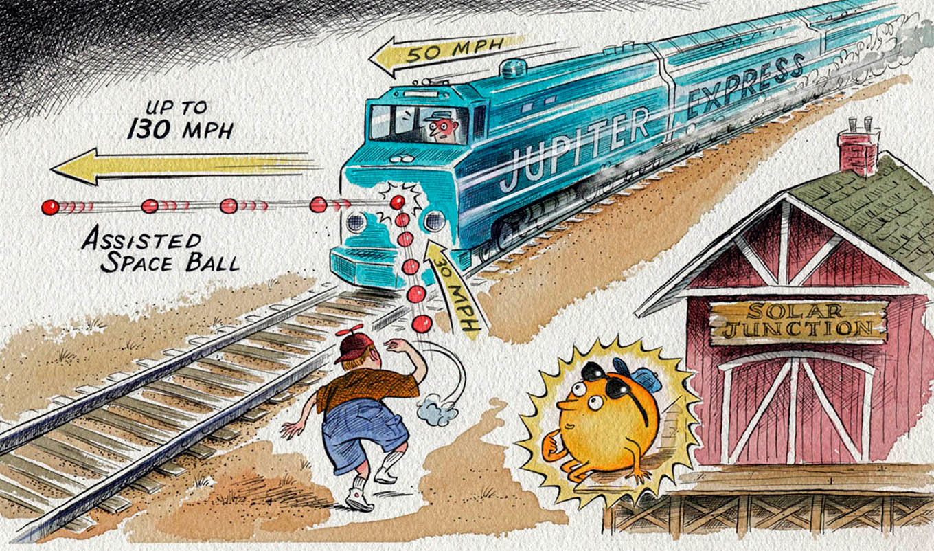 Charley’s analogy of the gravity assist flyby of Voyager as it passed Jupiter. Credit: Charles Kohlhase with artwork by Gary Hovland.