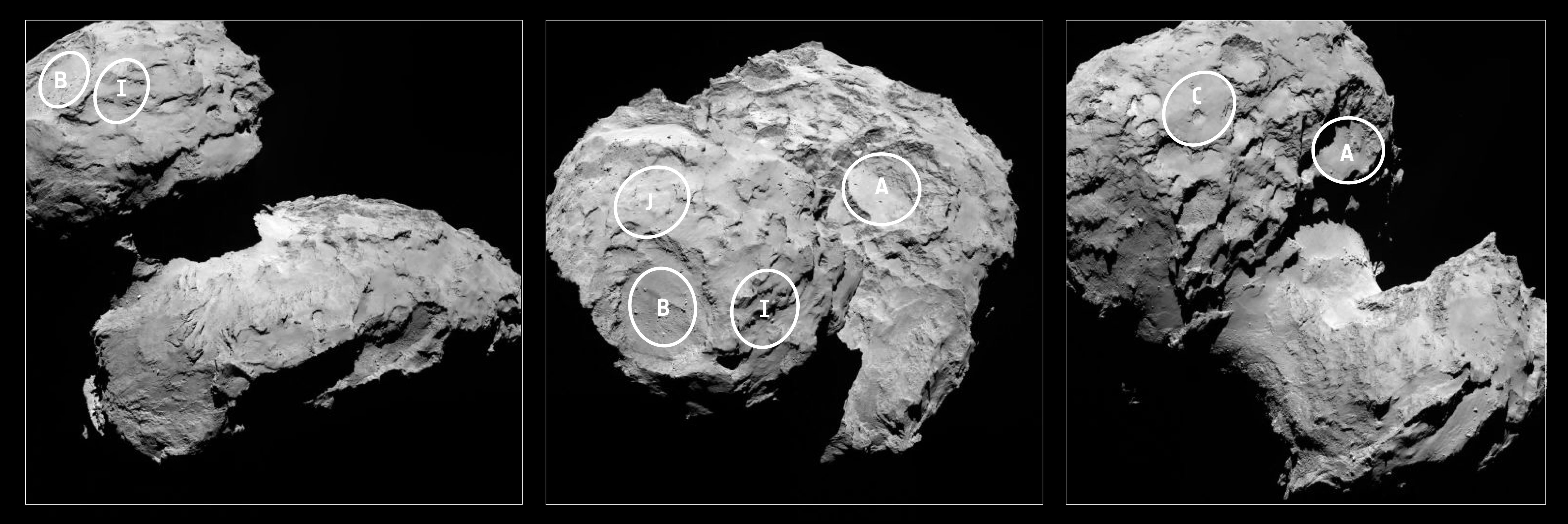 Five candidate sites (from an initial selection of 10 possible sites) were identified for landing of the Philae probe. The approximate locations of the five regions are marked on these OSIRIS narrow-angle camera images taken on 16 August from a distance of about 100 km. Credit: ESA/Rosetta/MPS for OSIRIS Team