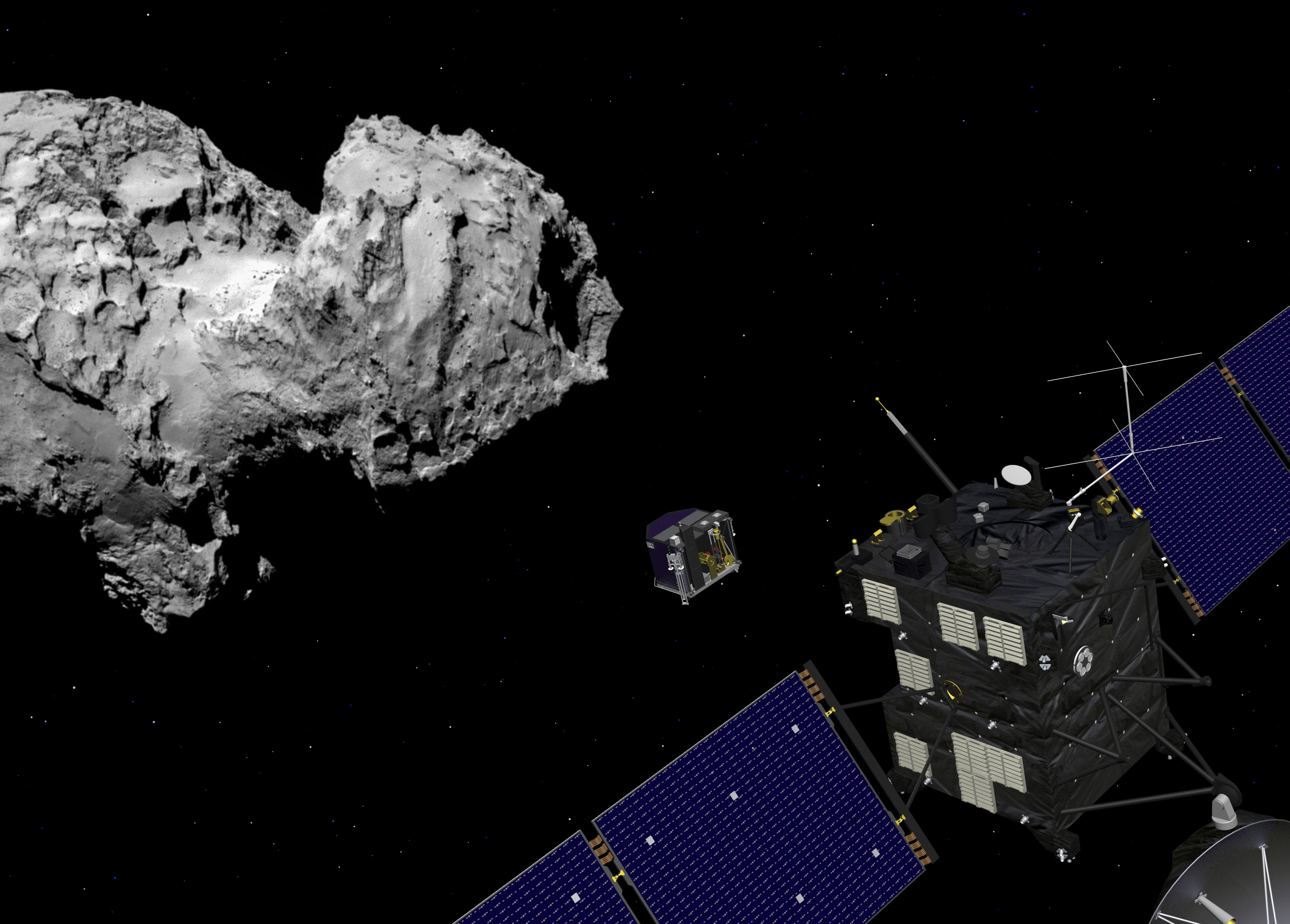 Still image from animation of Philae separating from Rosetta and descending to the surface of comet 67P/Churyumov-Gerasimenko in November 2014. Credit: ESA/ATG medialab