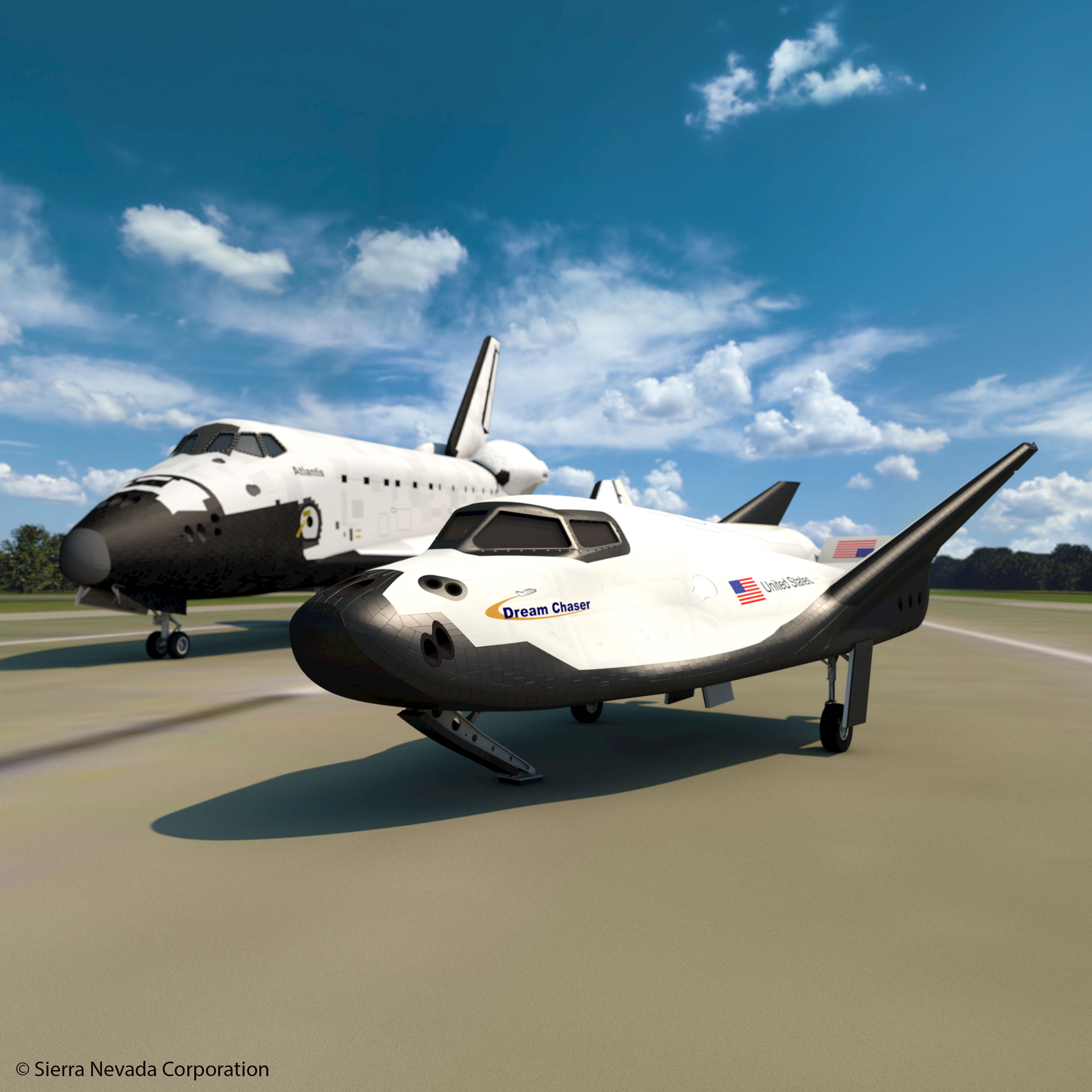 An artist’s rendering of Sierra Nevada’s Dream Chaser spacecraft alongside Space Shuttle Atlantis at the Shuttle Landing Facility in Florida. Credit: SNC