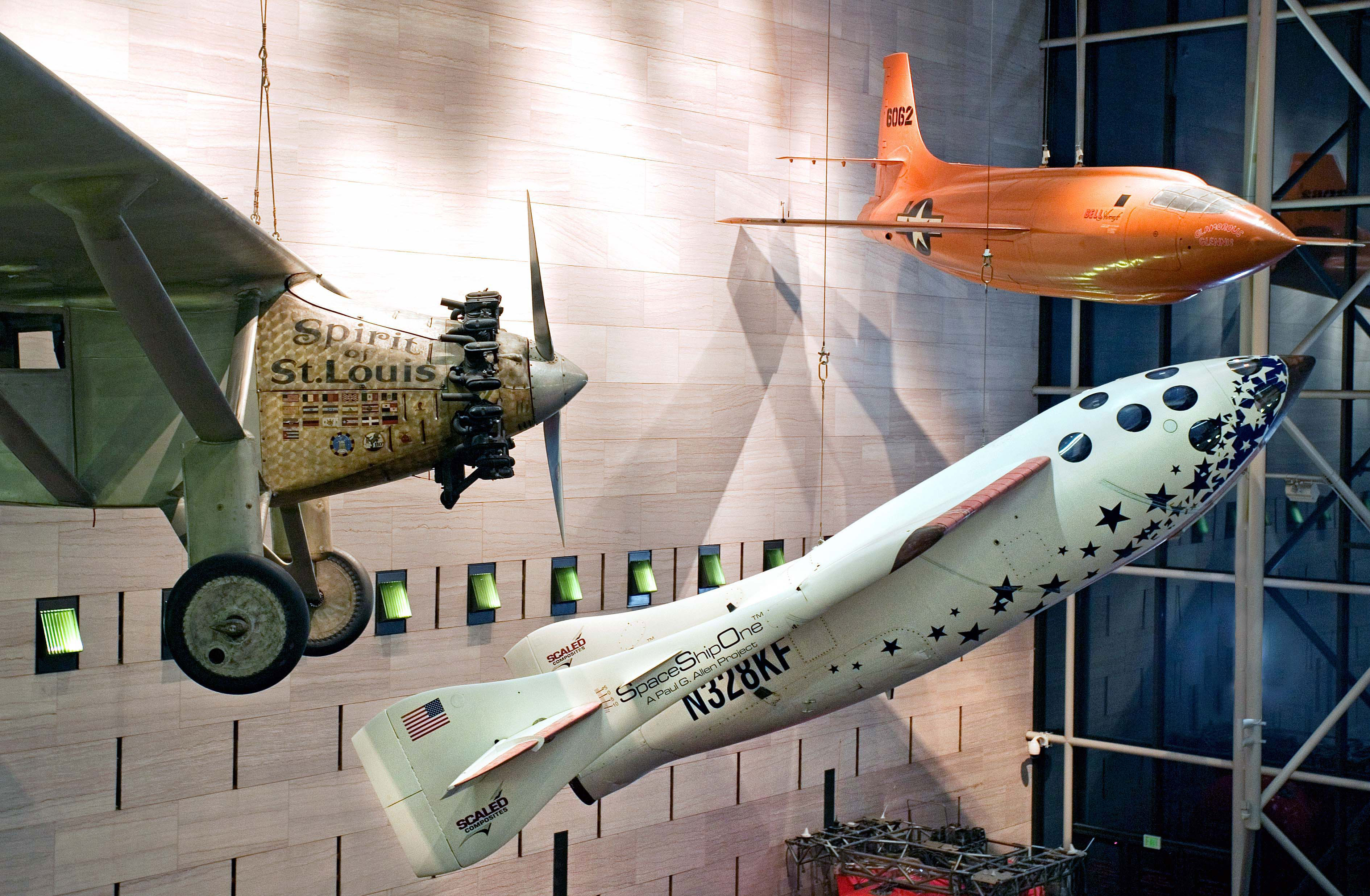 Aviation Treasures: Spirit of St. Louis, SpaceShipOne and the Bell X-1. Credit: Eric Long/NASM Smithsonian Institution