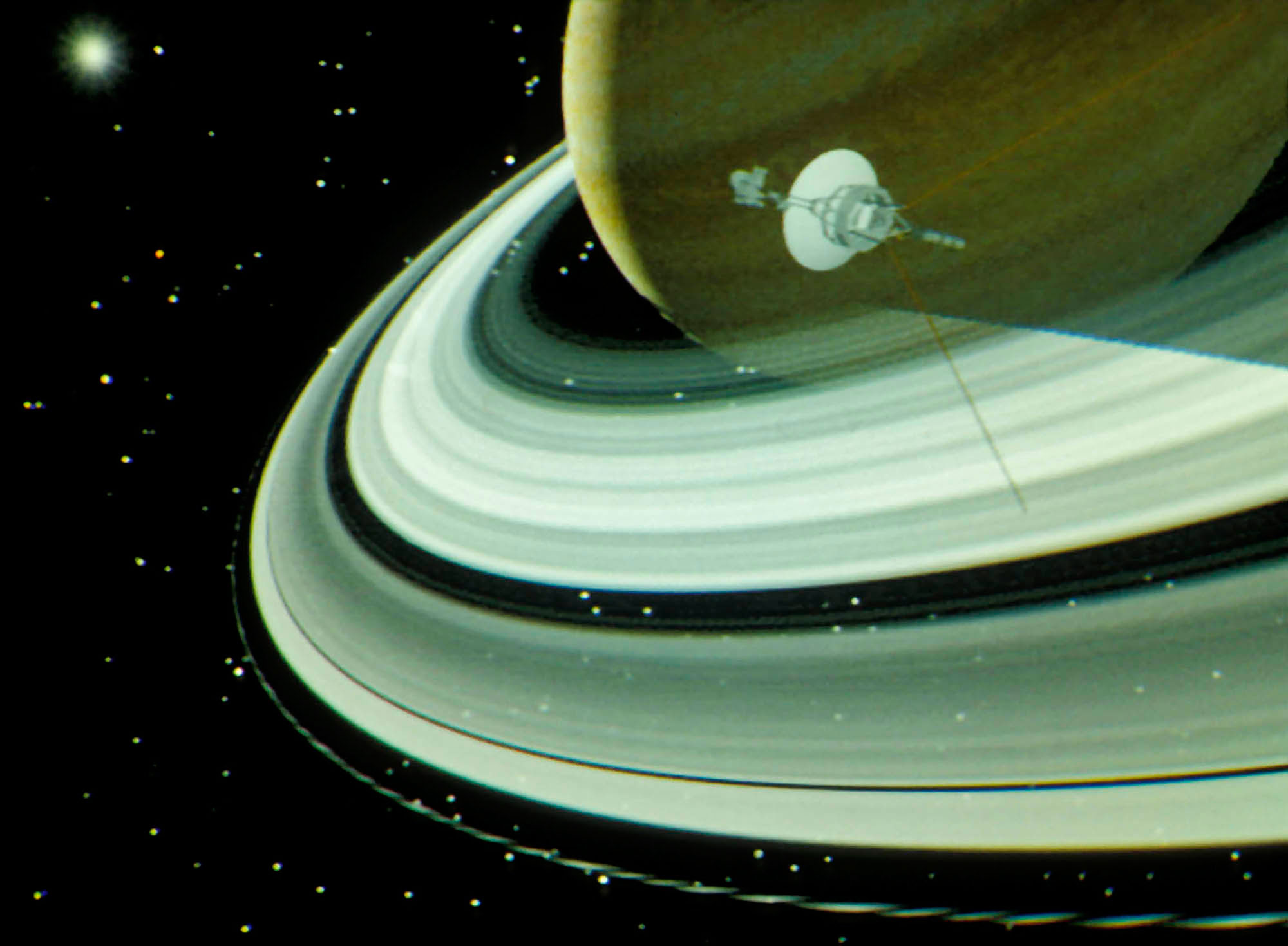 Image from the computer animation of the Voyager Saturn encounter, created by Blinn and Kohlhase, which was so important for public outreach for the missions. Credit: Charles Kohlhase
