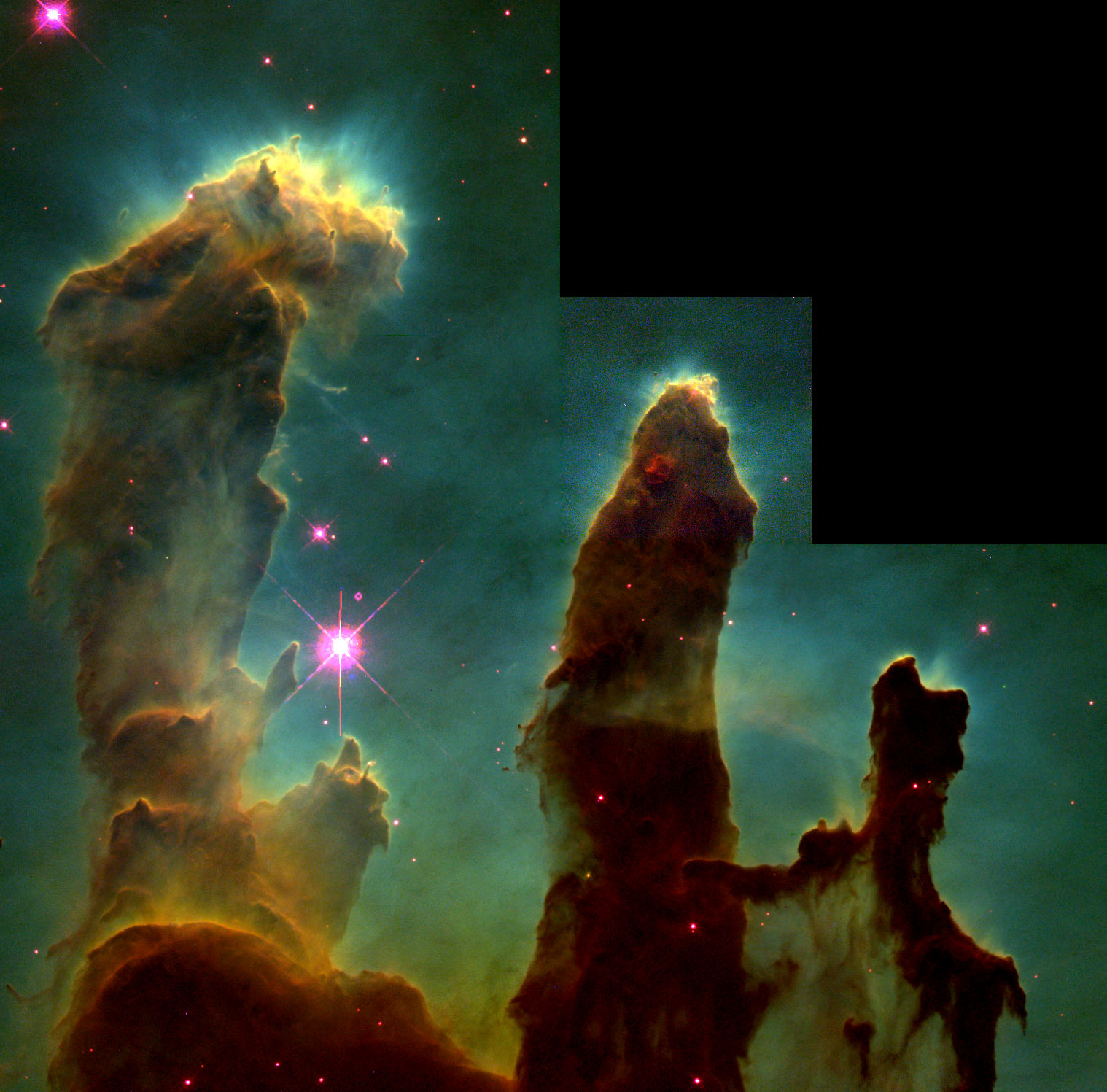 Inside the Eagle Nebula stand the Pillars of Creation portrayed in the Hubble Palette as captured by the Hubble Space Telescope. Credit: NASA/ESA/STScI/J. Hester and P. Scowen (Arizona State University)