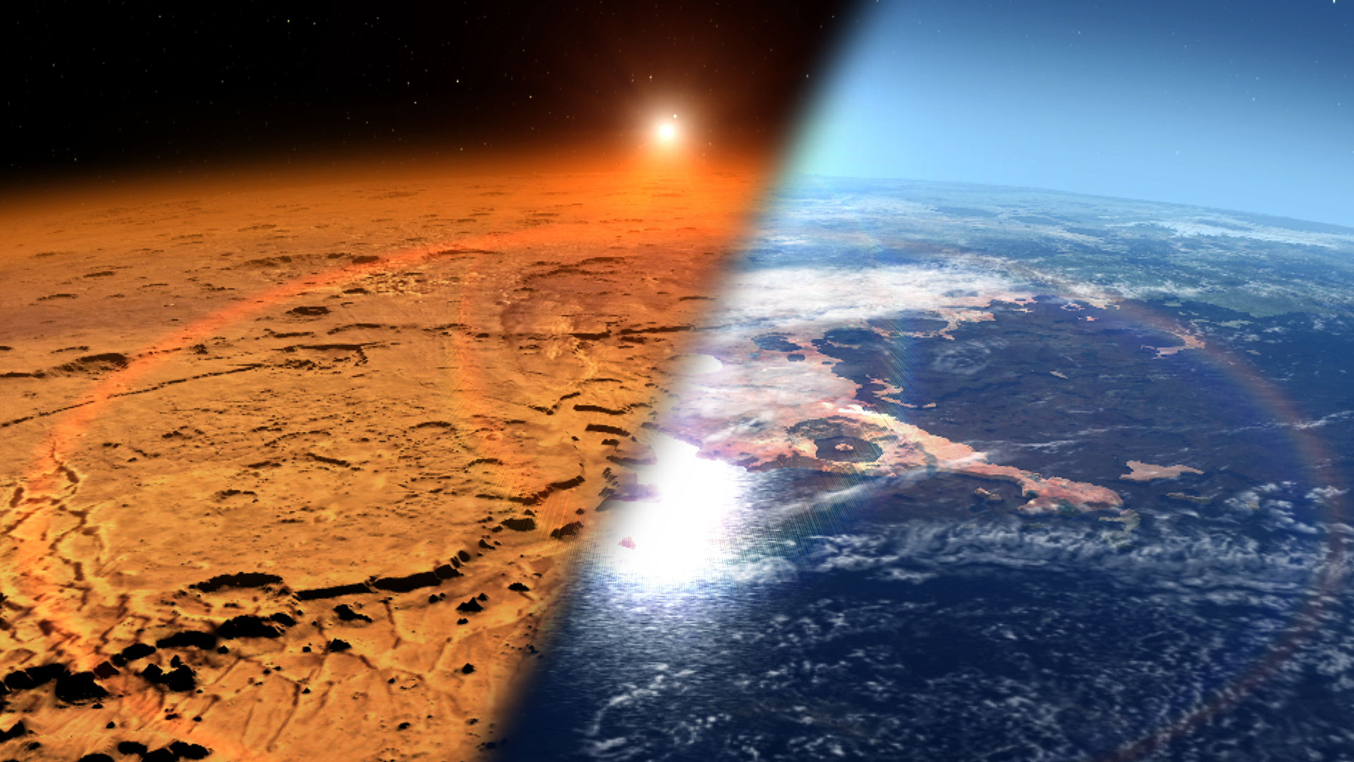 This artist’s concept depicts the early Martian environment (right) – believed to contain liquid water and a thicker atmosphere – versus the cold, dry environment seen at Mars today (left). NASA’s Mars Atmosphere and Volatile Evolution is in orbit of the Red Planet to study its upper atmosphere, ionosphere and interactions with the sun and solar wind. Credit: NASA’s Goddard Space Flight Center