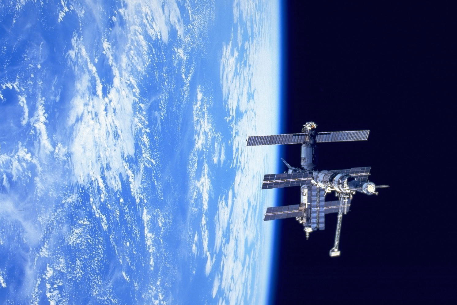 The Russian space station Mir orbited the Earth from 1986 until 2001. This photo was taken from Space Shuttle Discovery in February 1995. Credit: NASA