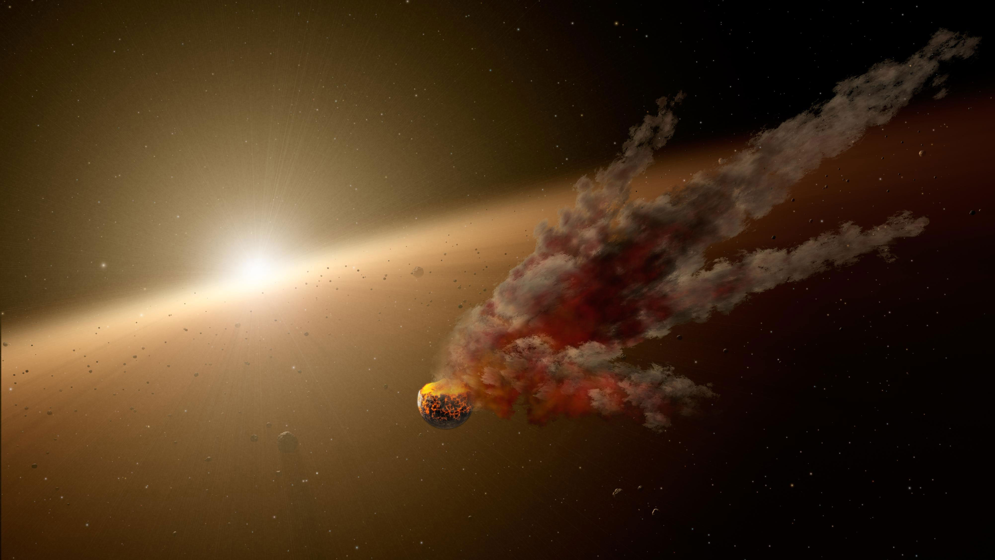 Artist’s concept of building planets through collisions – planetary accretion in the Solar Nebula 4.56 billion years ago. Credit: NASA