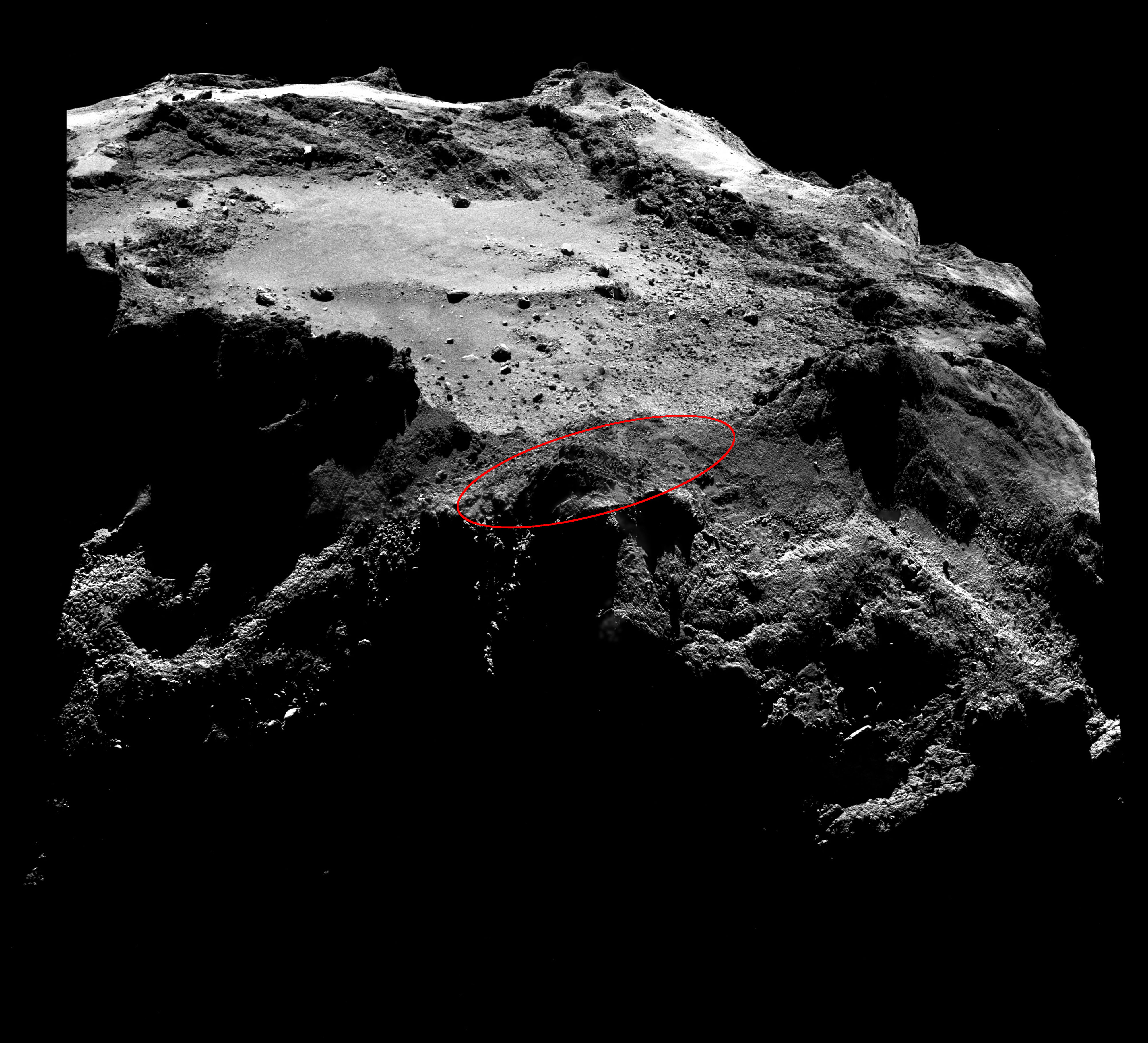 An example of the OSIRIS narrow-angle camera mosaics (below) used to search for Philae. The lander would measure only about three pixels across in these images. Credit: ESA/Rosetta/MPS for OSIRIS Team MPS/UPD/LAM/IAA/SSO/INTA/UPM/DASP/IDA