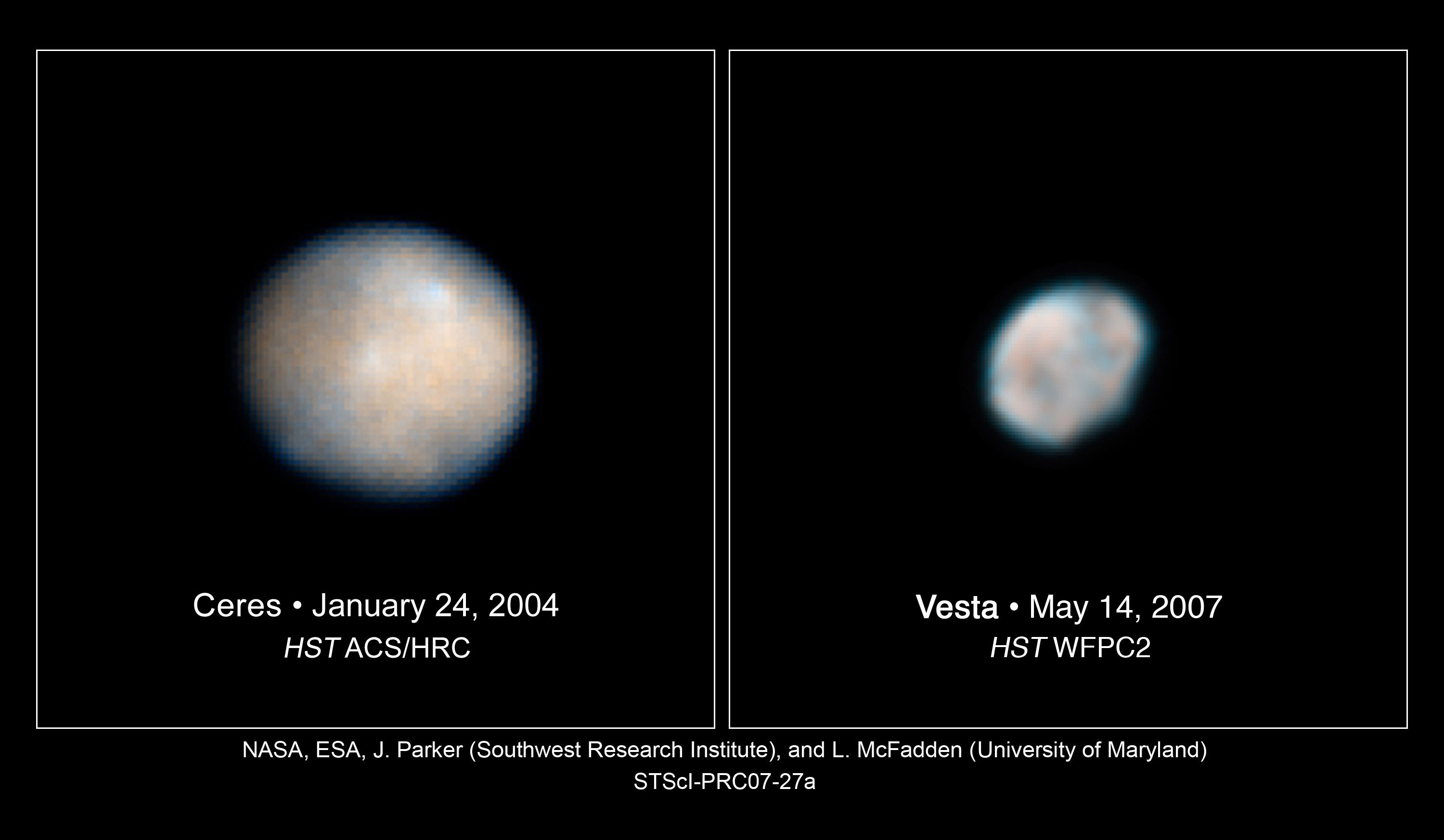 These Hubble Space Telescope images of Vesta and Ceres show two of the most massive asteroids in the asteroid belt, a region between Mars and Jupiter. The images were used to help astronomers plan for the Dawn spacecraft’s tour of these hefty asteroids before it even launched. 