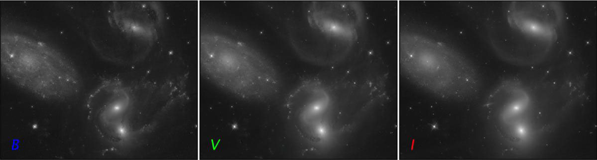 HST WFC3/UVIS images of the galaxy group Stephan’s Quintet in three broad-band visible-light filters; left: F439W (B), center: F555W (V) and right: F814W (I). Credit: STScI, OPO, Zolt Levay