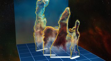 This visualisation of the three-dimensional structure of the Pillars of Creation within the star formation region Messier 16 (also called the Eagle Nebula) is based on new observations of the object using the MUSE instrument on ESO’s Very Large Telescope in Chile. The pillars actually consist of several distinct pieces on either side of the star cluster NGC 6611. In this illustration, the relative distance between the pillars along the line of sight is not to scale.  Credit:
ESO/M. Kornmesser